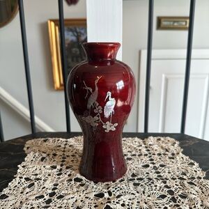Vintage Red Lacquer Vase Mother of Pearl Cranes Floral Inlay